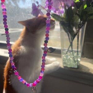 Vibrant Pink and Purple Necklace with 3  silver leaf charms
